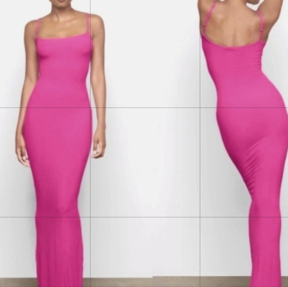 SKIMS Lounge Dress Shimmering Barbie Pink Mermaid Long Maxi Adjustable Straps - Picture 15 of 16